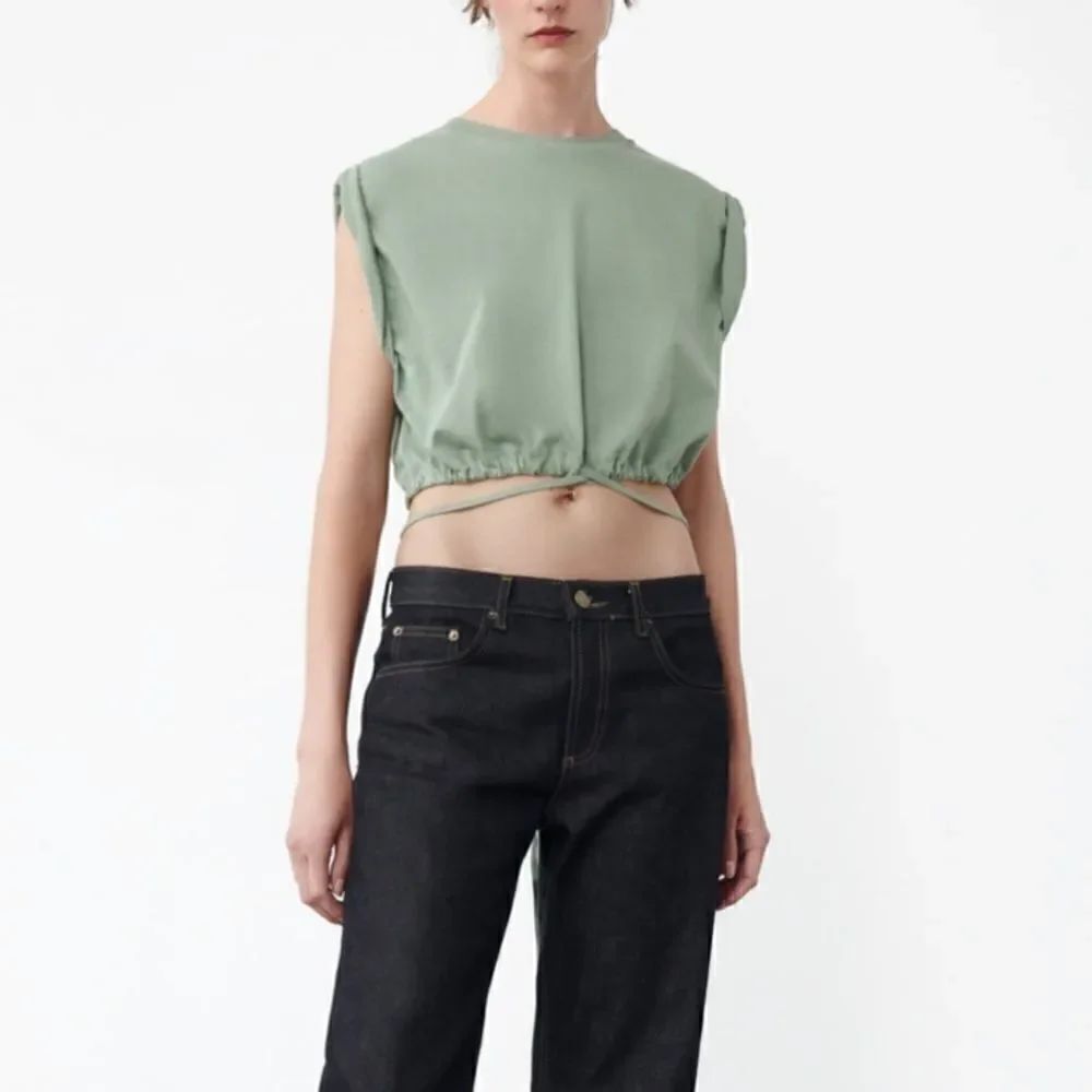 Zara Green Cap Sleeve Tie Waist Crop Top Size Large